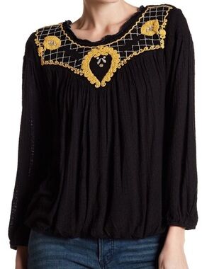 Free People Black Begonia Peasant Top with Yellow Embroidery